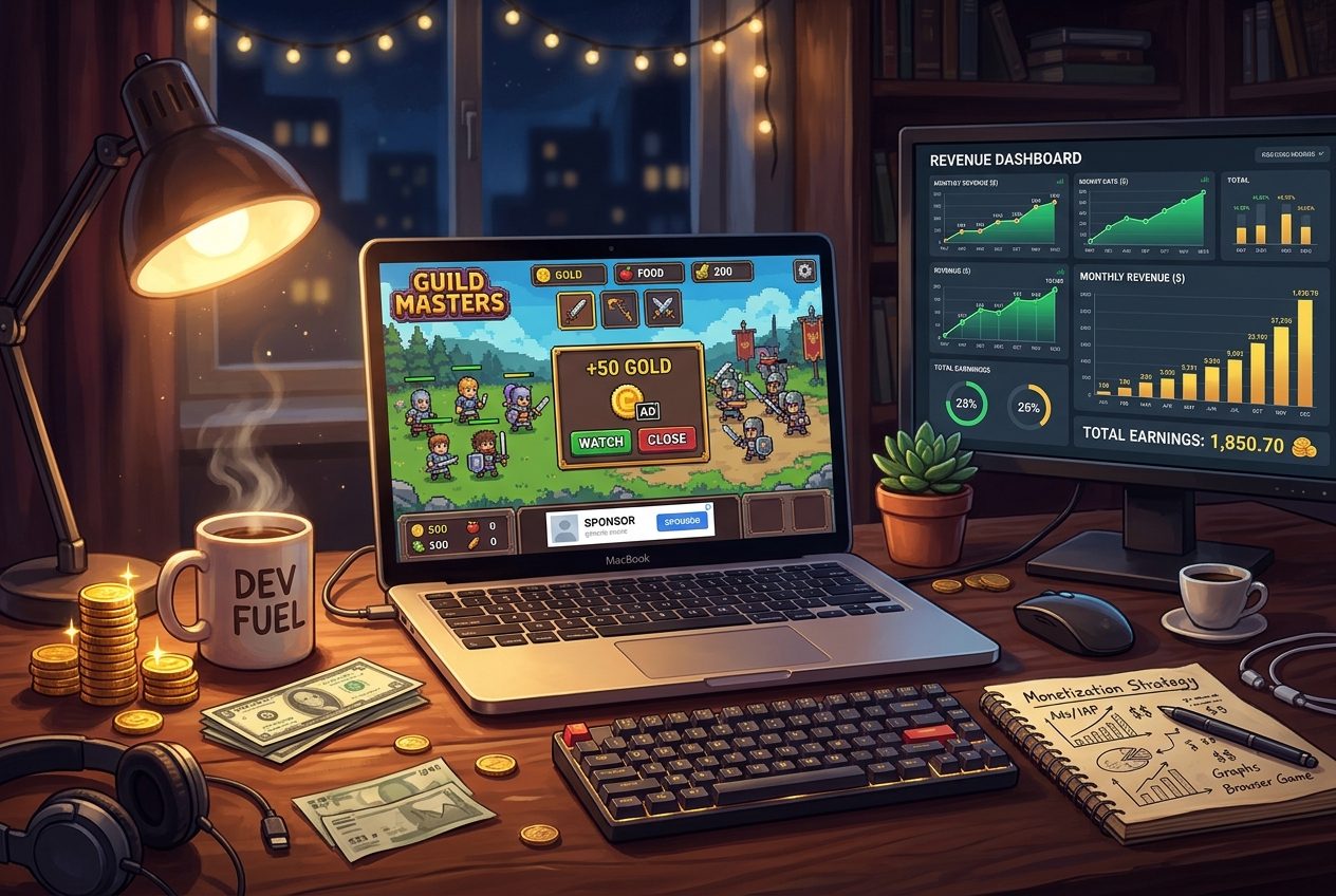 An indie developer's desk with a browser game showing a rewarded ad and a revenue dashboard with rising graphs